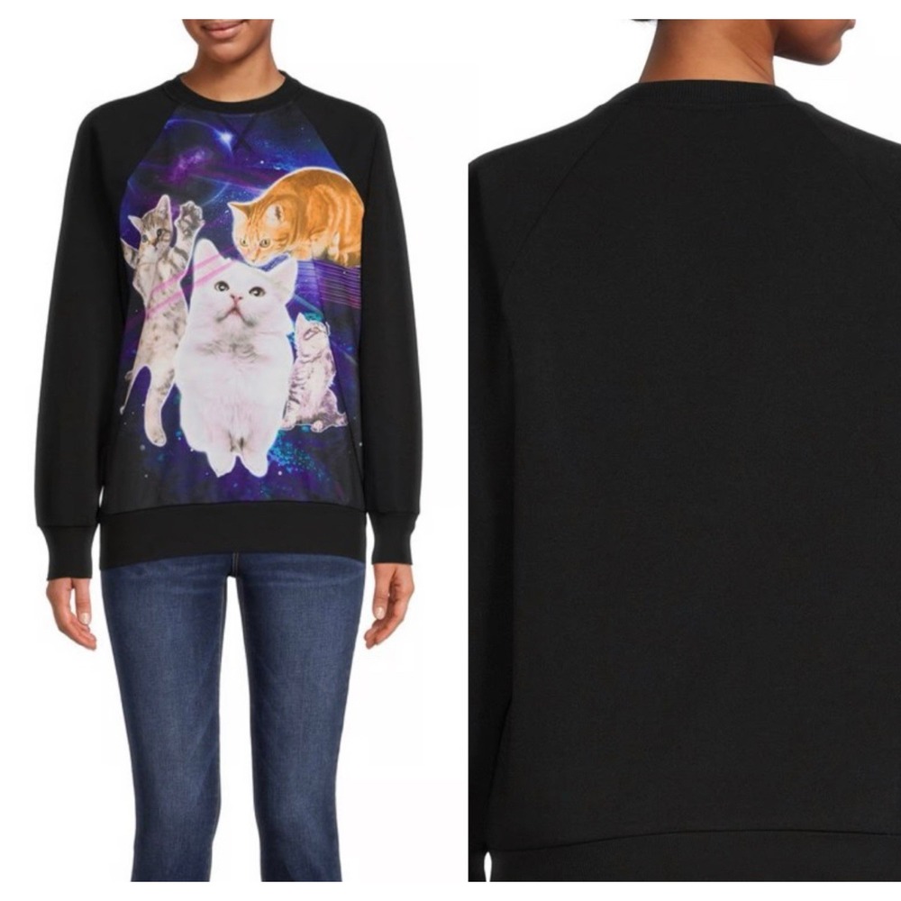 Vintage No Boundaries‎ Womens Cats In Space Sweatshirt Black celestial Large